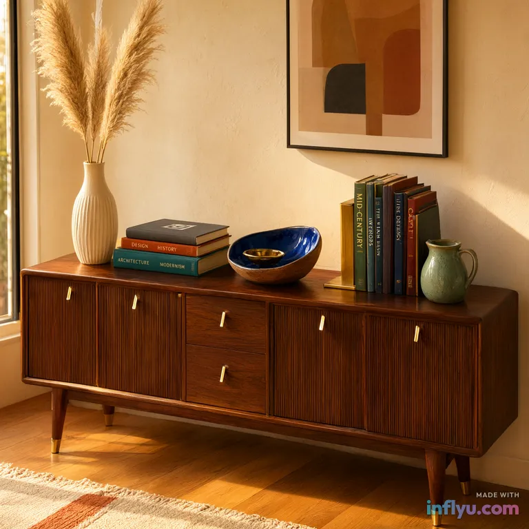 Mid-century walnut sideboard styled with ceramics and books, AI image