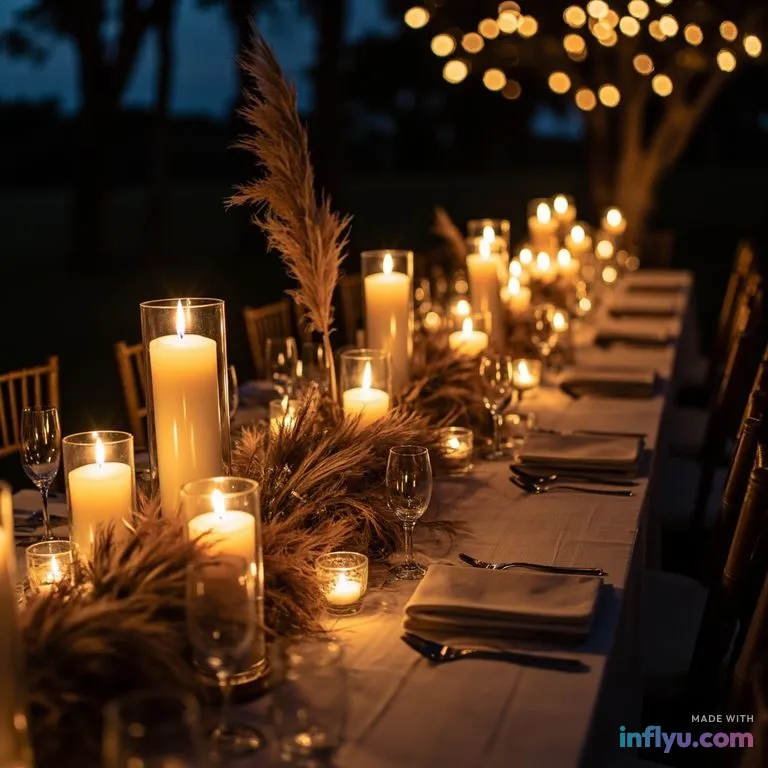 Long candlelit wedding reception table with pampas grass, AI image