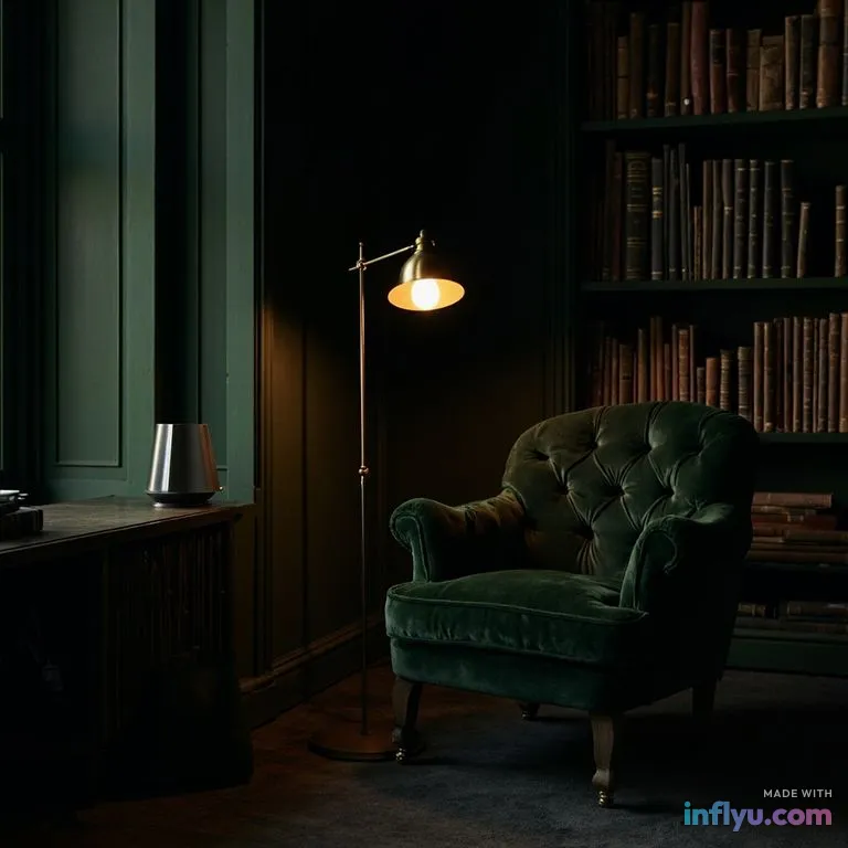 Moody dark-green library nook with brass reading lamp and velvet armchair, AI image