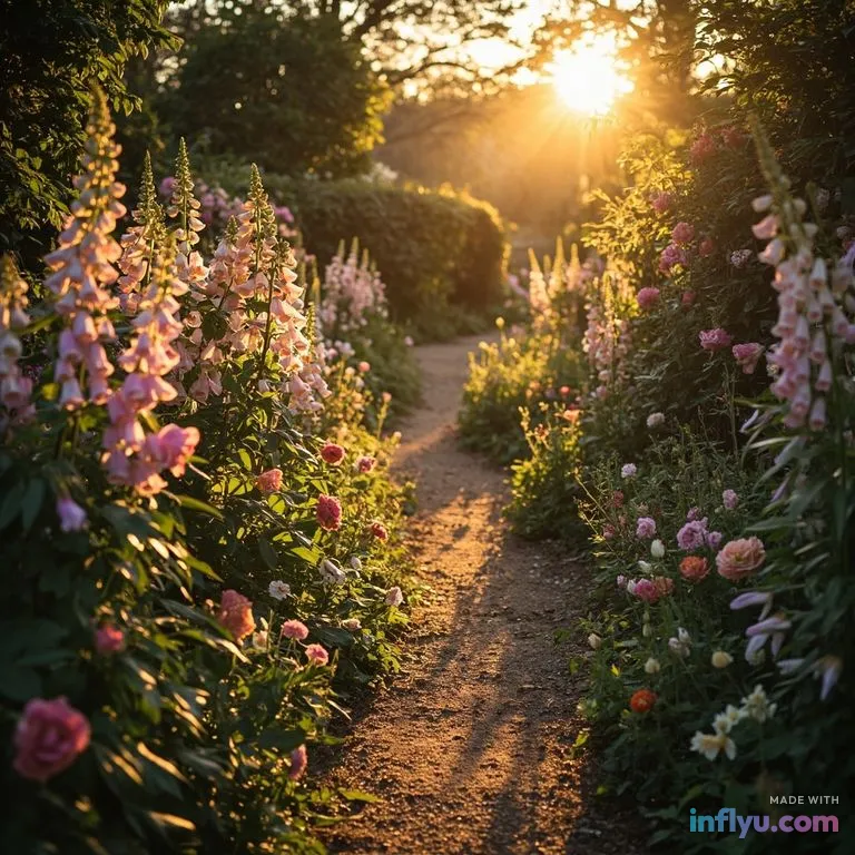 English cottage garden path with foxgloves and roses, AI image