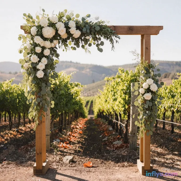 Outdoor wedding arch with white roses and eucalyptus in a vineyard, AI image