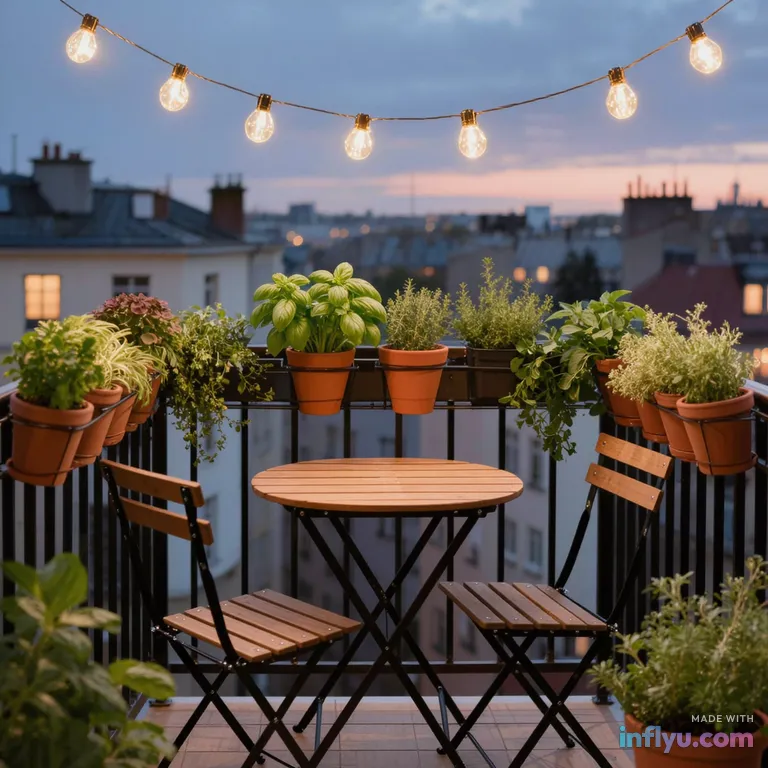 Small city balcony garden with string lights, AI image