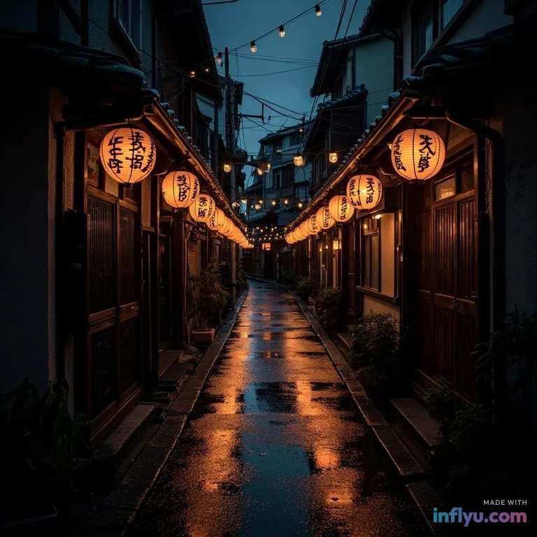 Kyoto lane with lanterns at night after rain, AI image
