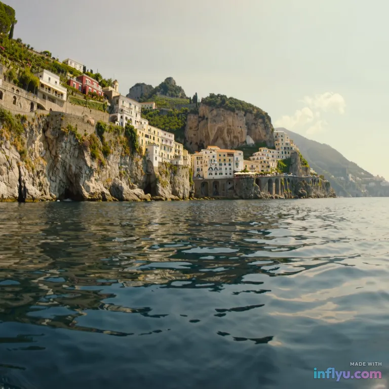 Amalfi coast cliffside village from a boat, AI image