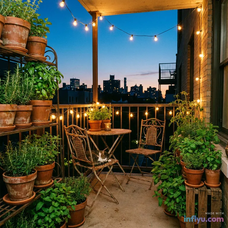 Small city balcony garden with string lights, AI image